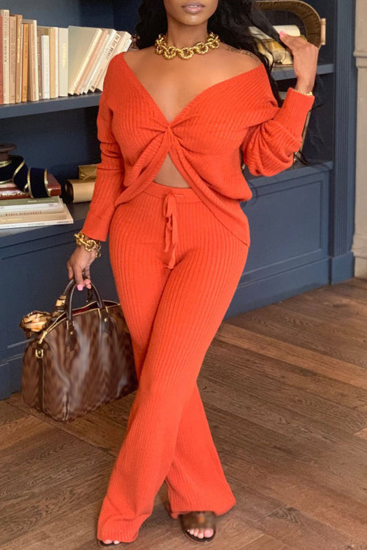 Tangerine Elegant Solid V Neck Long Sleeve Regular Sleeve Two Pieces